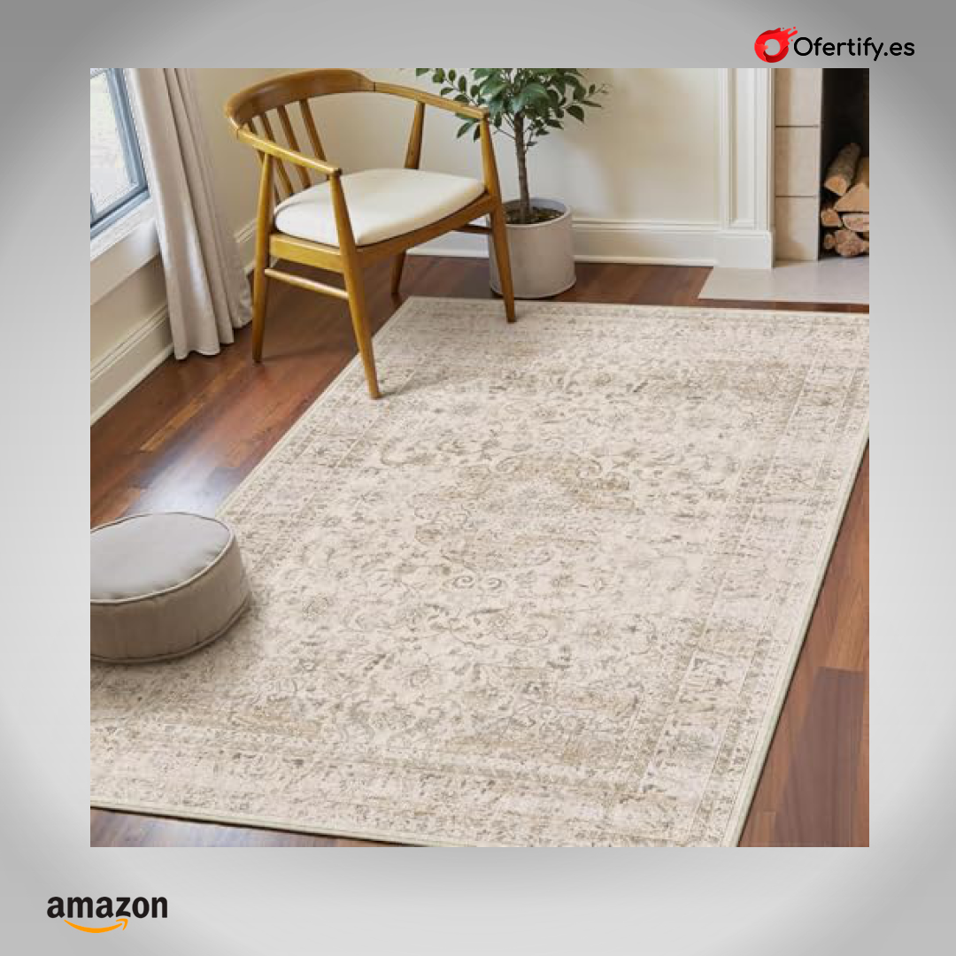 Alfombra beige vintage, antideslizante y lavable, ideal para cualquier habitación. | Ofertify