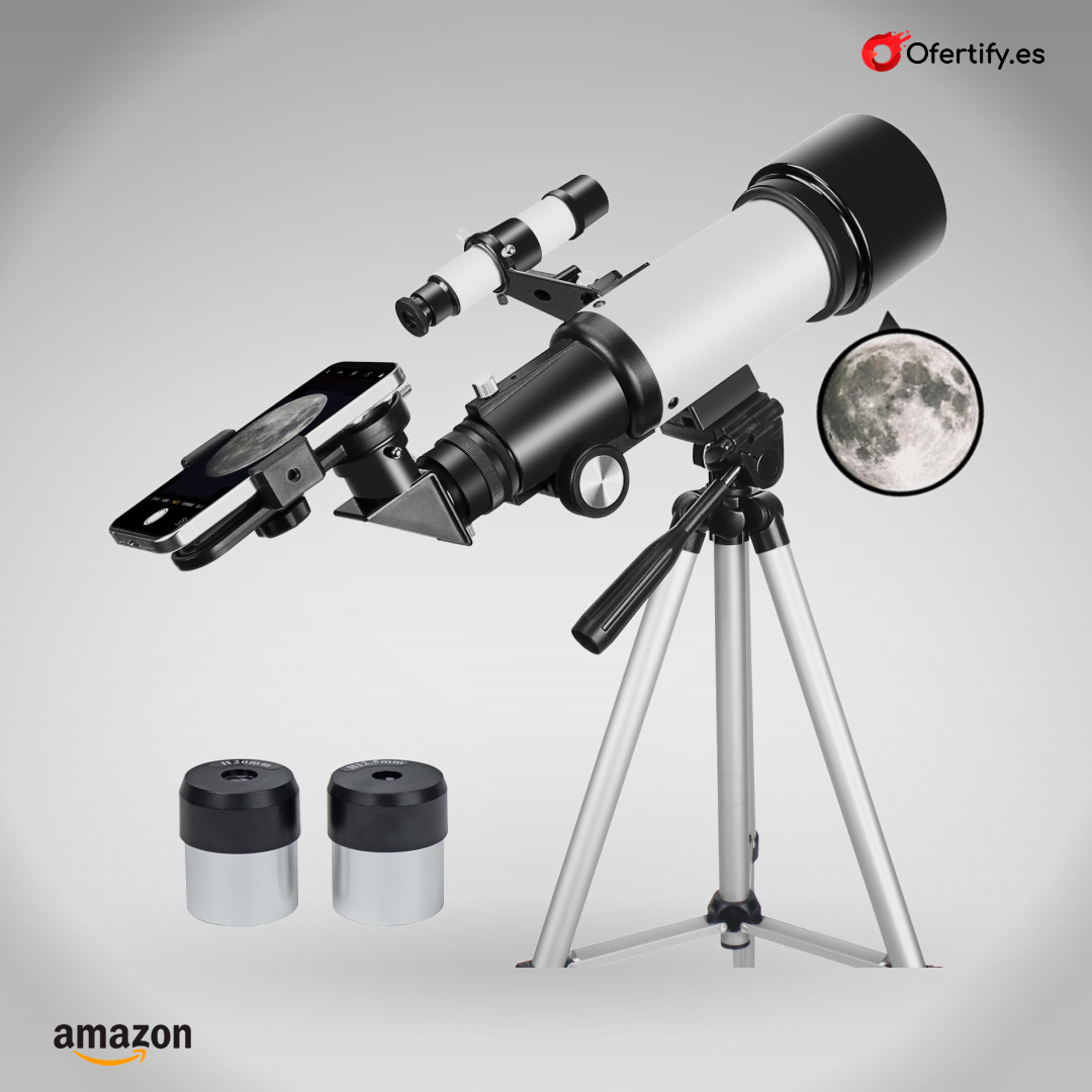 Telescopio refractor para principiantes, compacto, portátil, trípode incluido, adaptador | Ofertify