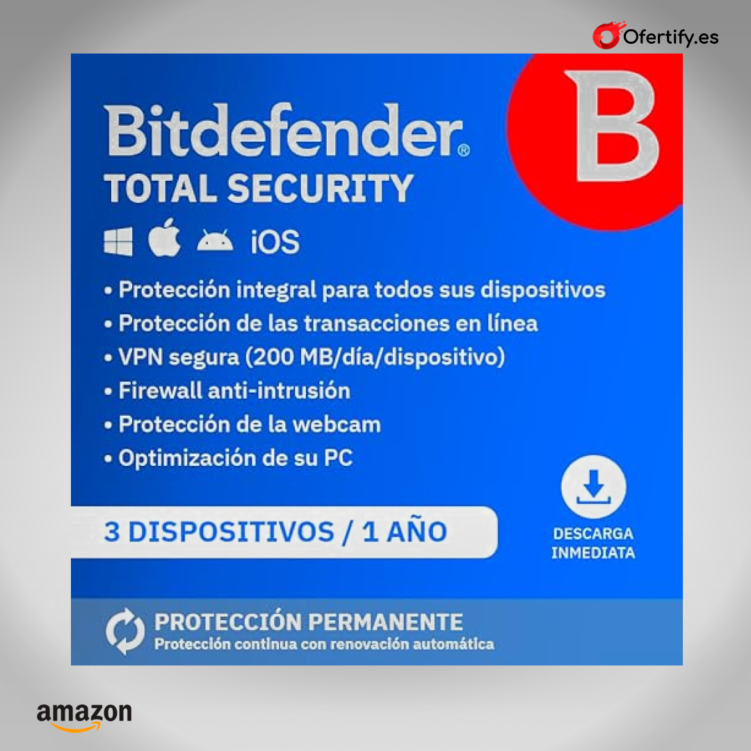 Seguridad completa multiplataforma, 3 dispositivos, 1 año, renovación automática | Ofertify