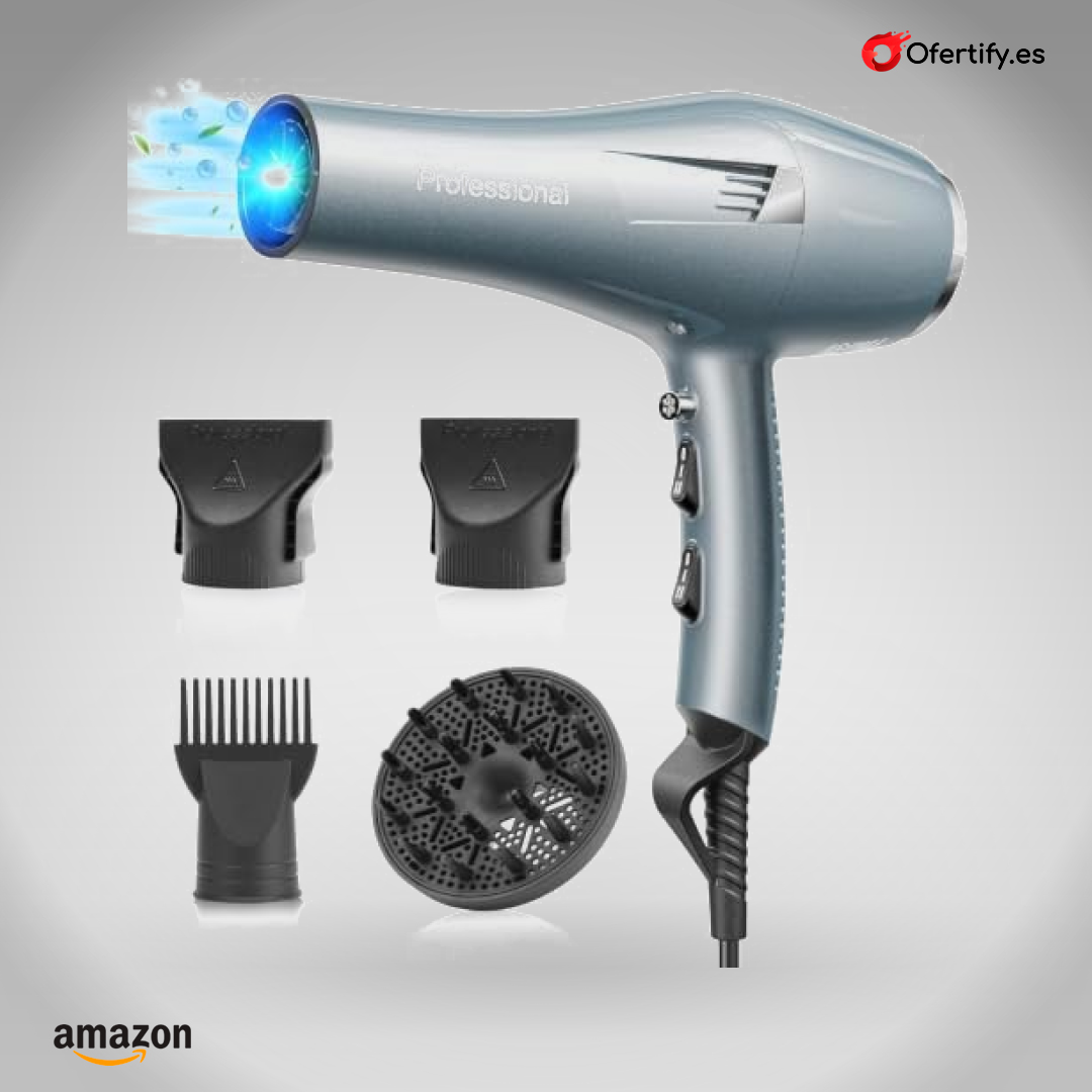 Secador iónico profesional azul claro, secado rápido, tres temperaturas, aire frío/caliente, difusor y boquillas. | Ofertify