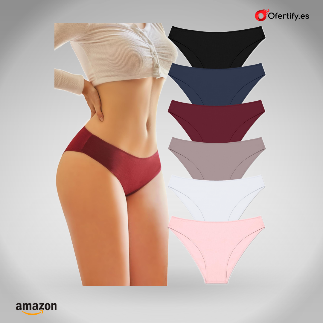 Pack de seis bragas de algodón para mujer, cómodas, elásticas, sexys y de cintura media. | Ofertify