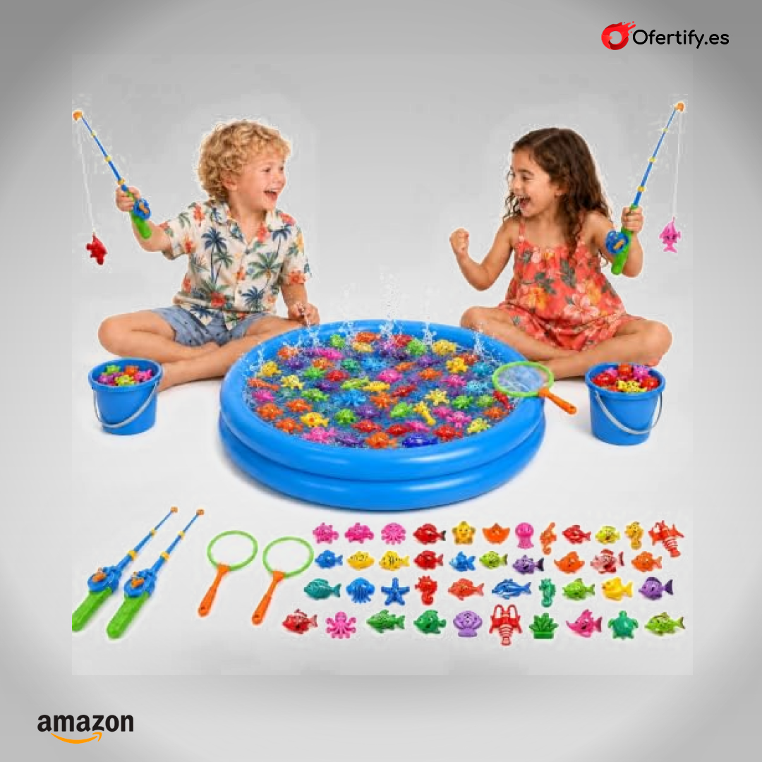 Set XXL de pesca magnética con piscina inflable, ideal para vacaciones y aventuras infantiles. | Ofertify