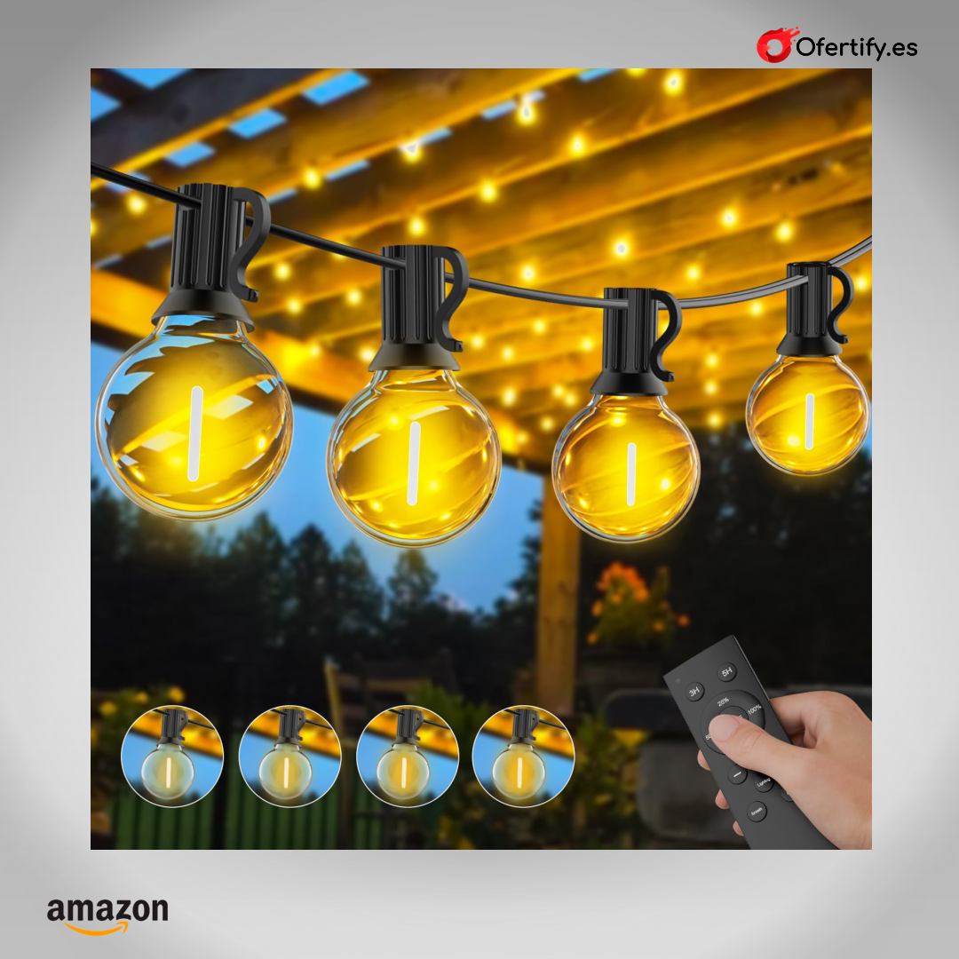 Guirnalda exterior regulable, impermeable, con control remoto, 50 bombillas LED cálidas. | Ofertify
