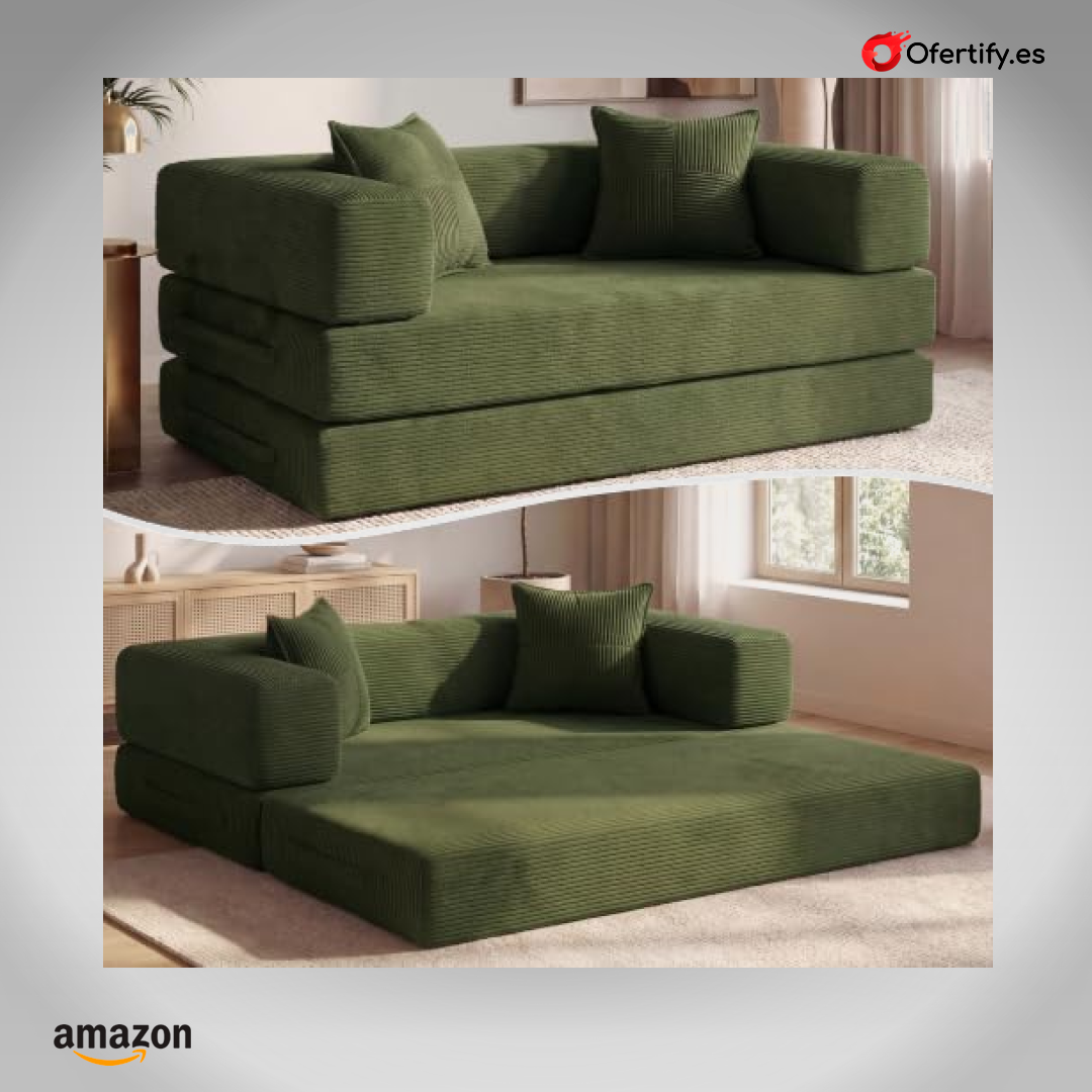 Sofá cama verde transformable cinco en uno, ergonómico, resistente a mascotas y sin montaje. | Ofertify